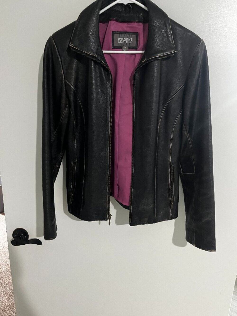 Wilson's Leather brown fitted jacket distressed seams great shape
